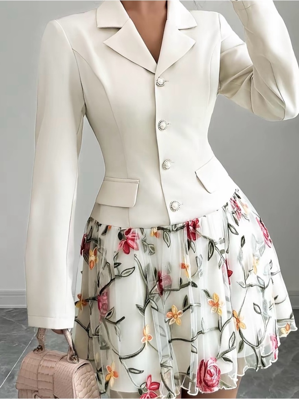 Elegant White Blazer Dress with Floral Embroidered Skirt- one piece. 🌸🌺🌼🌺
